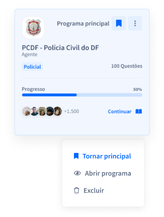 Cards de programa de estudo com a barra  de progresso e menu de opções