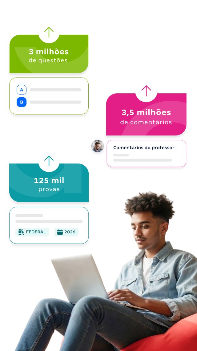 Estudante usando notebook, cercado por dados da plataforma Gran Questões: 3 milhões de questões, 3,5 milhões de comentários e 125 mil provas