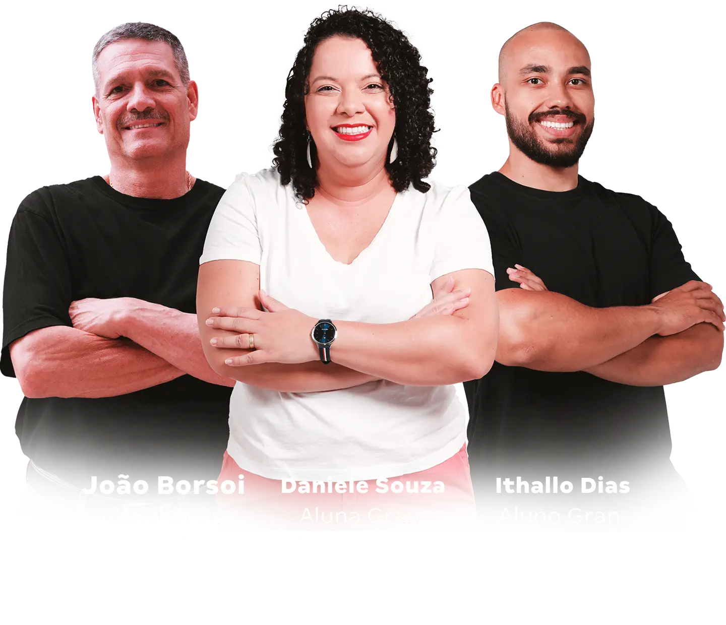 Foto de três alunos GRAN, muito sorridentes, aprovados no CNU 2024: João Borsoi, Daniele Souza e Ithallo Dias