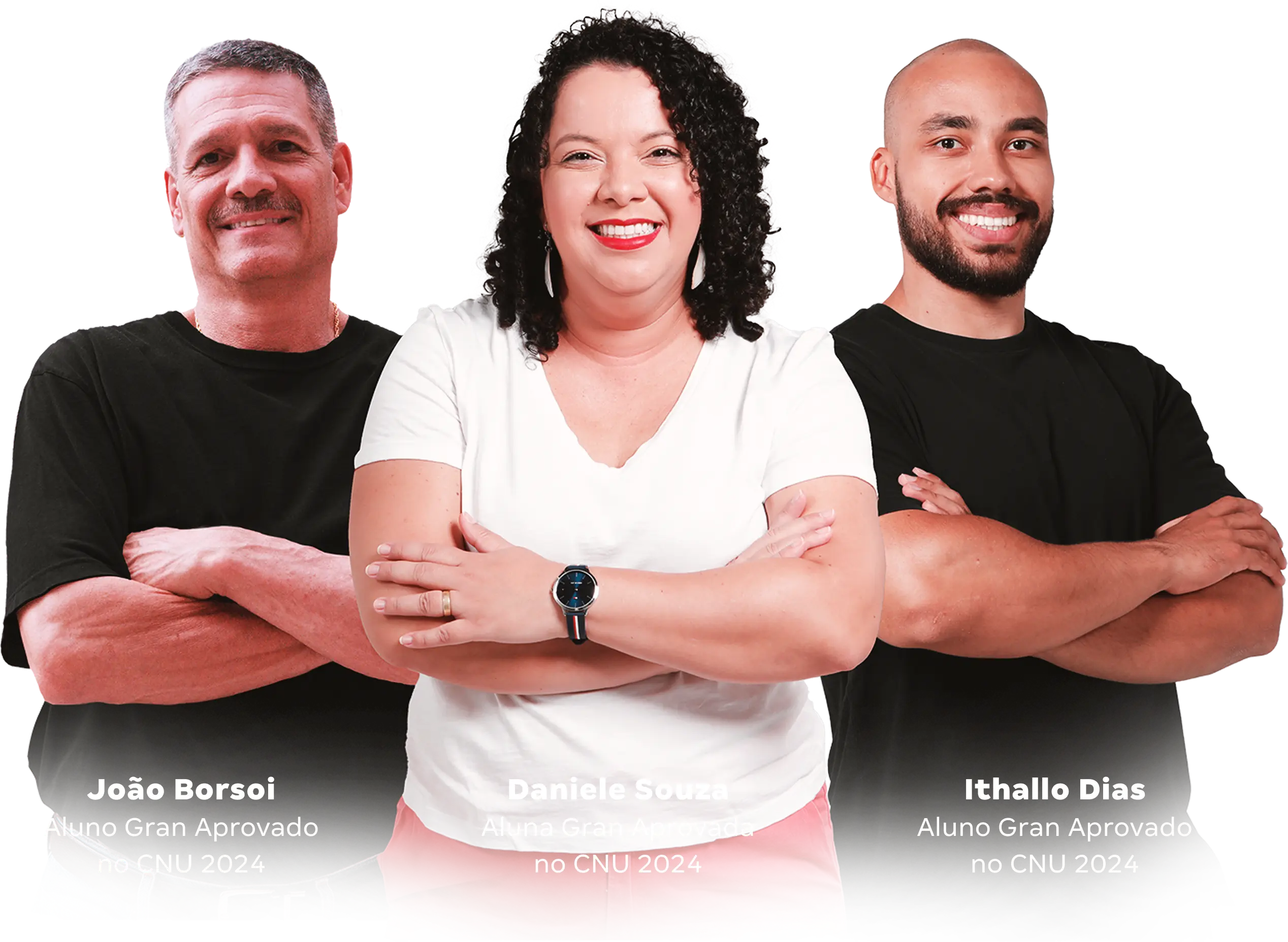 Foto de três alunos GRAN, muito sorridentes, aprovados no CNU 2024: João Borsoi, Daniele Souza e Ithallo Dias